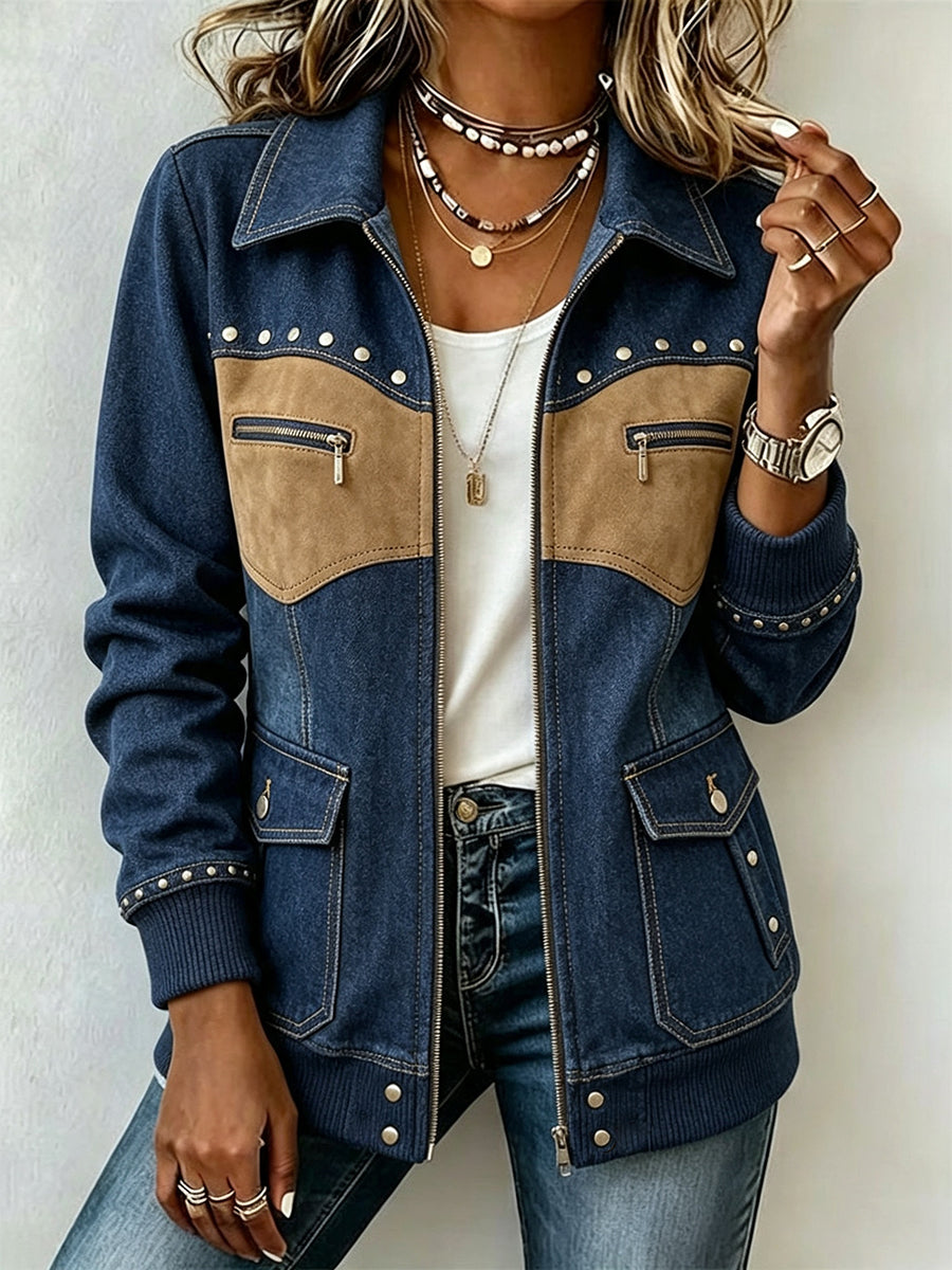 Western-Inspired Color-Block Studded Zip-Up Jacket