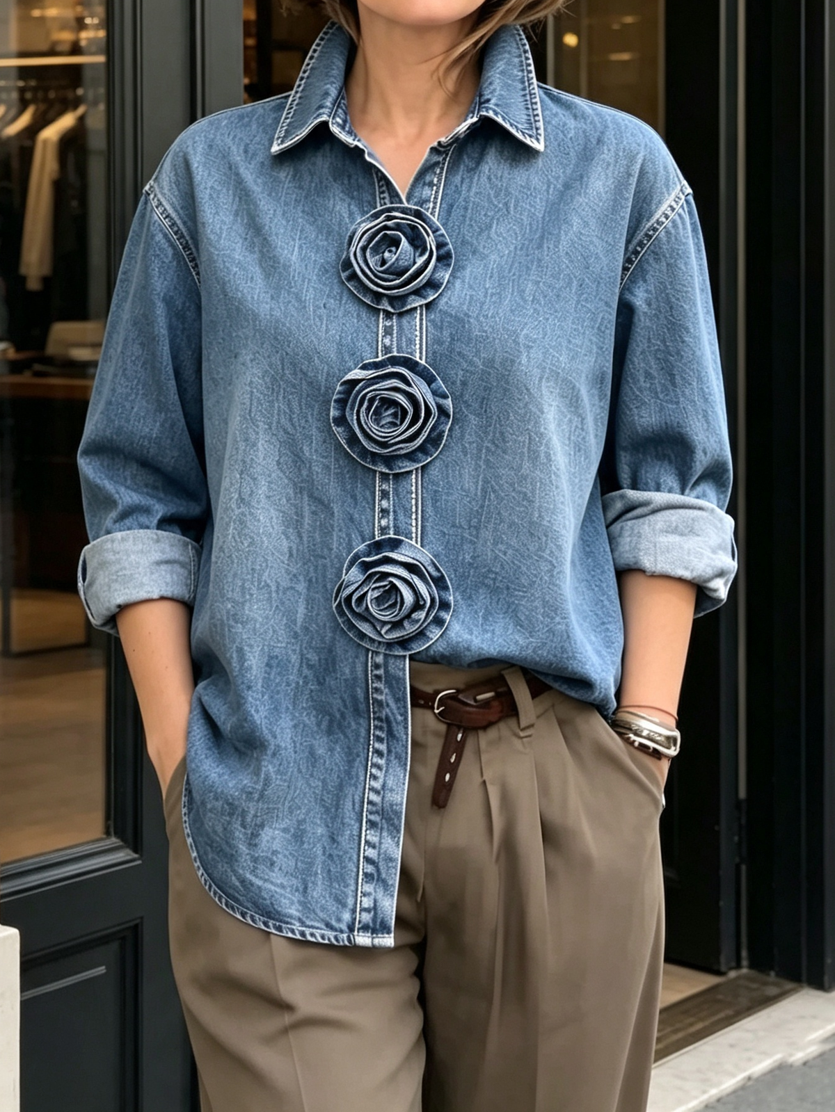 Chic Casual 3d Rose Flower Denim Shirt