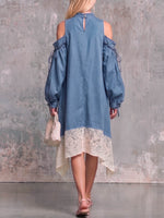 Women's Round Neck Off-shoulder Long Sleeve Casual Loose A-line Denim Patchwork Lace Dress