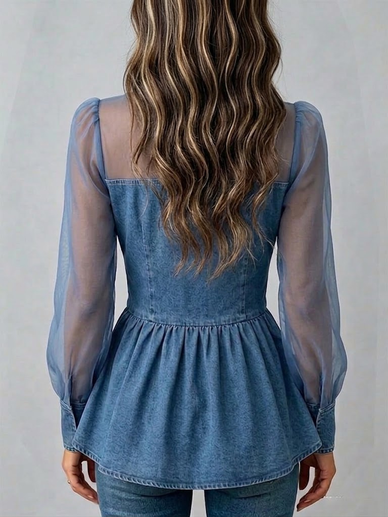 Casual Patchwork Chiffon And Denim Zip-up Shirt