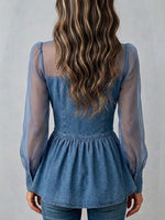 Casual Patchwork Chiffon And Denim Zip-up Shirt