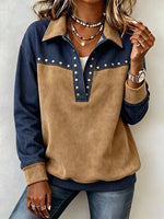 Western-Inspired Color-Block Studded Collared Top