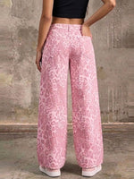 Pink Leopard-print Denim Trousers—loose, Casual, Straight-leg, Wide-leg Pants