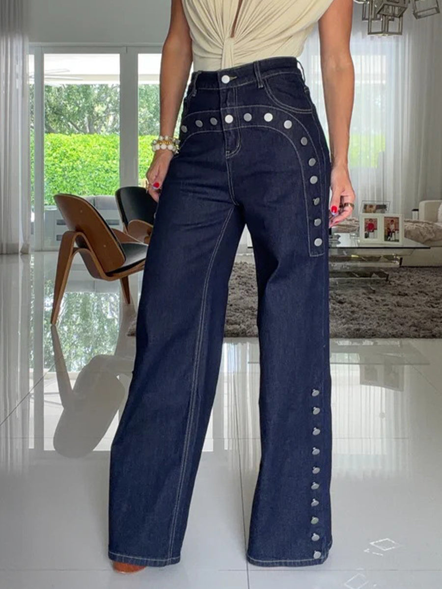 High-waisted Wide-leg Jeans With Casual Metal Buckle Detail