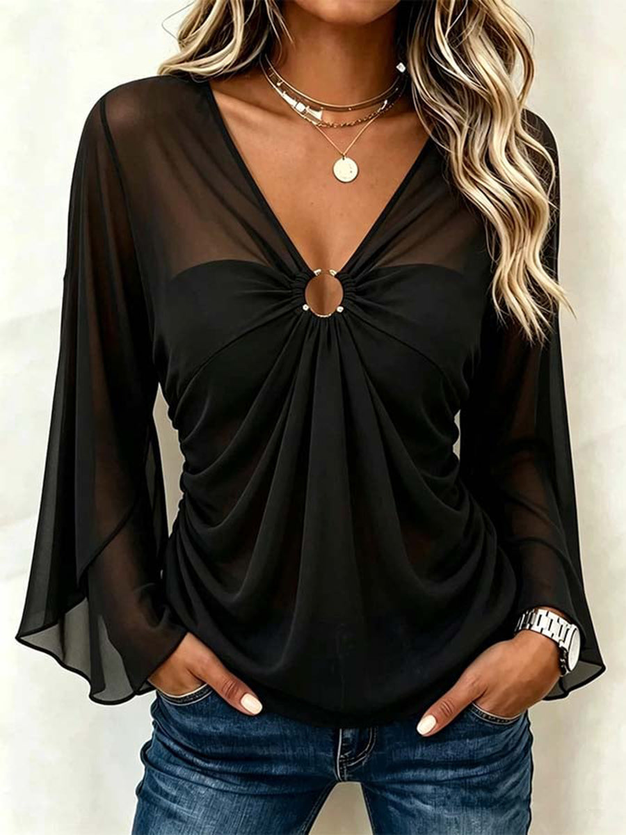 Chic Ring-Accented Sheer Sleeve V-Neck Top