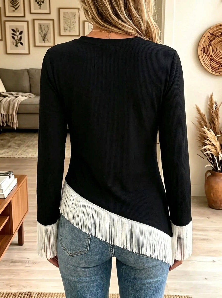 Women's Contrast Fringe Trim Asymmetrical Hem Knit Top