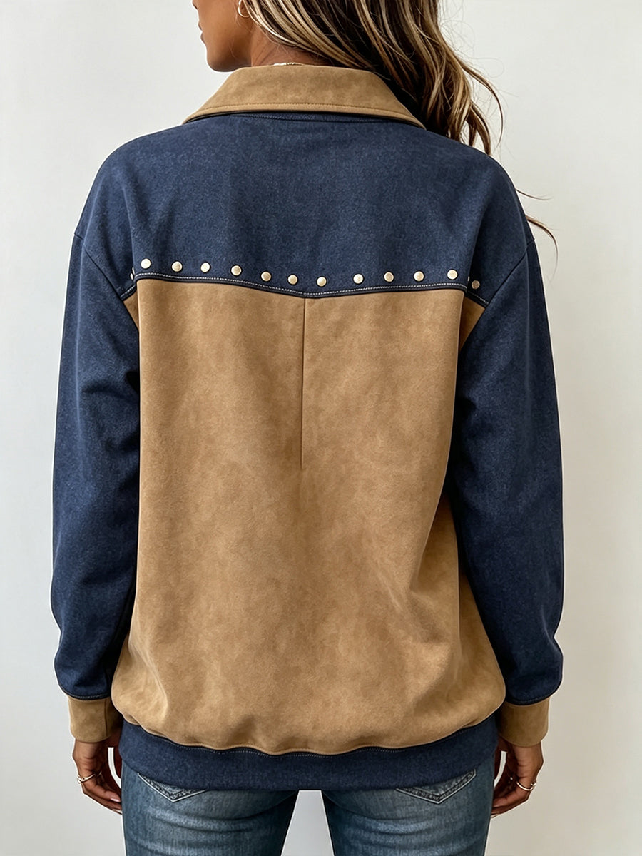 Western-Inspired Color-Block Studded Collared Top