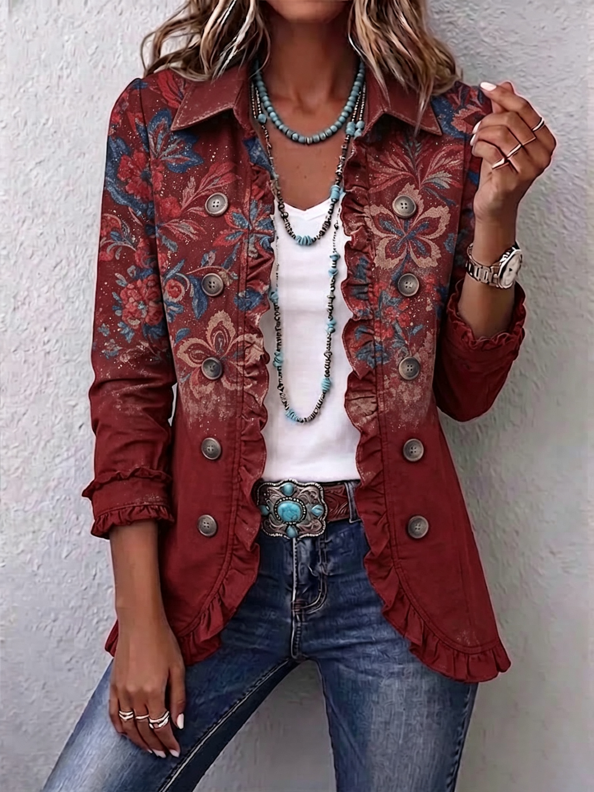 Boho-style Vintage Floral Ruffle Jacket