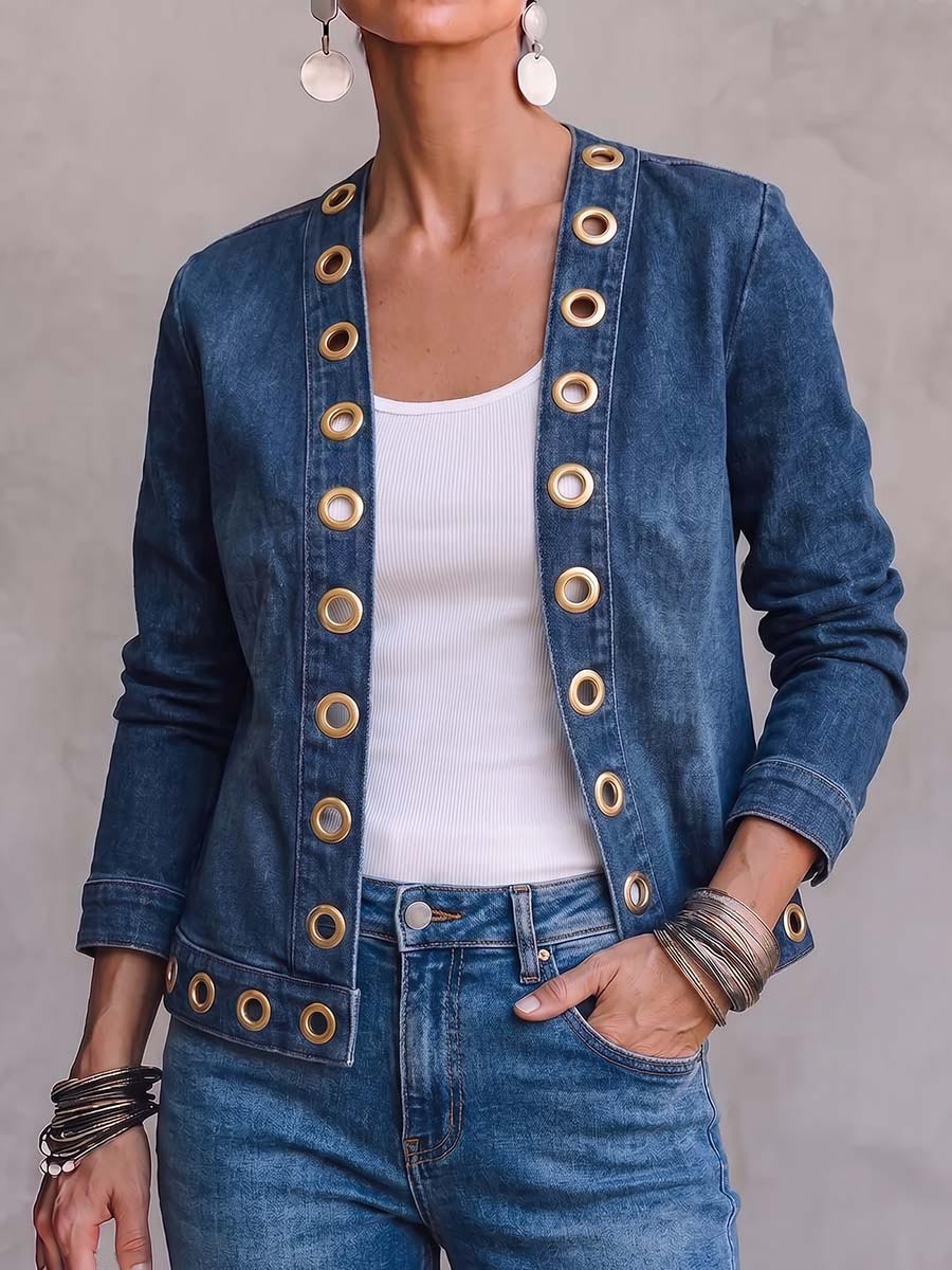 Women's Cardigan Collar Long Sleeve Casual Loose Round Metal Hollow Out Denim Cardigan
