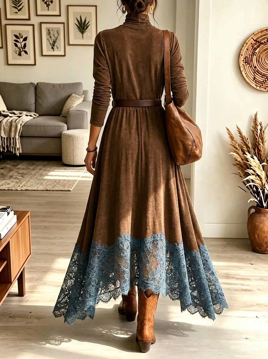 Women's Turtleneck Lace Hem Faux Suede Maxi Dress